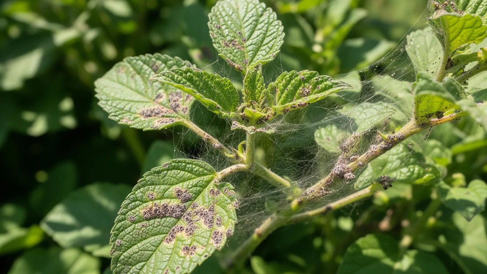 Feine Spinnweben auf einer befallenen Pflanze