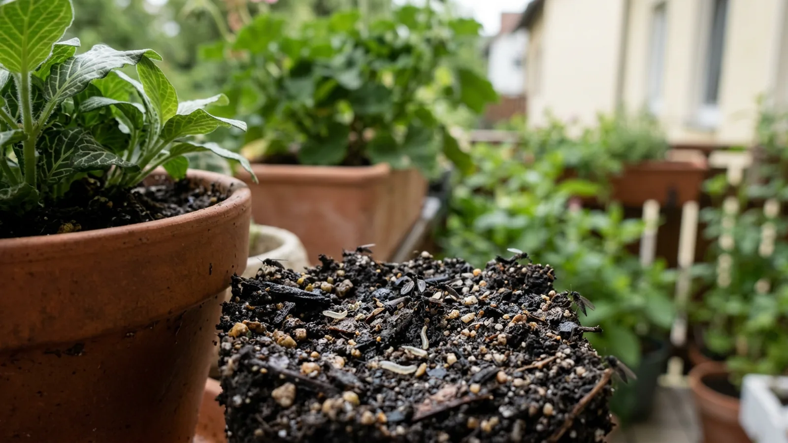 Kleine schwarze Fliegen auf der Blumenerde einer Topfpflanze