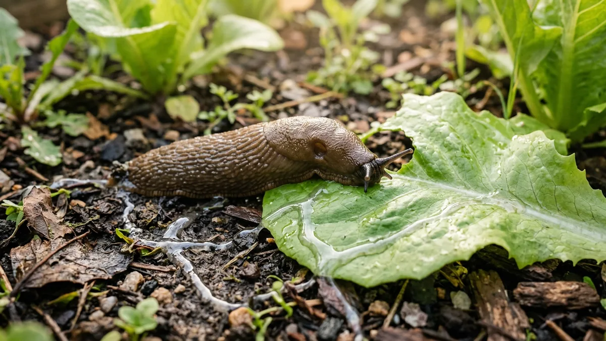 Eine braune Wegschnecke frisst an einem grünen Kopfsalat im Beet.