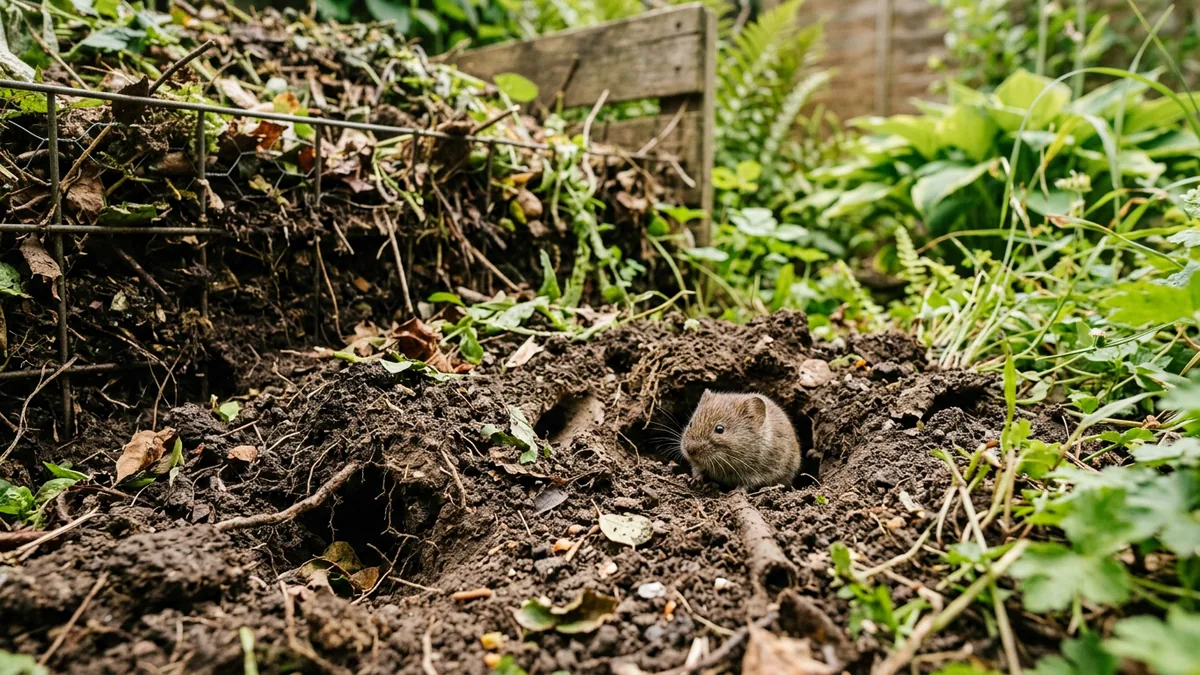 Flache Erdhaufen und Gänge neben einem Komposthaufen auf einer Rasenfläche.