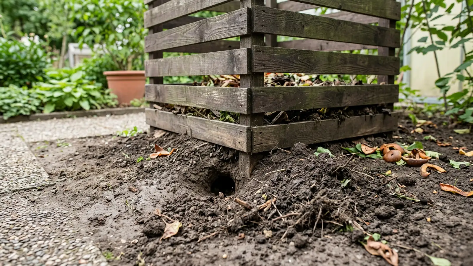 Erdloch und ausgeräumte Erde unter einem Komposter im Garten