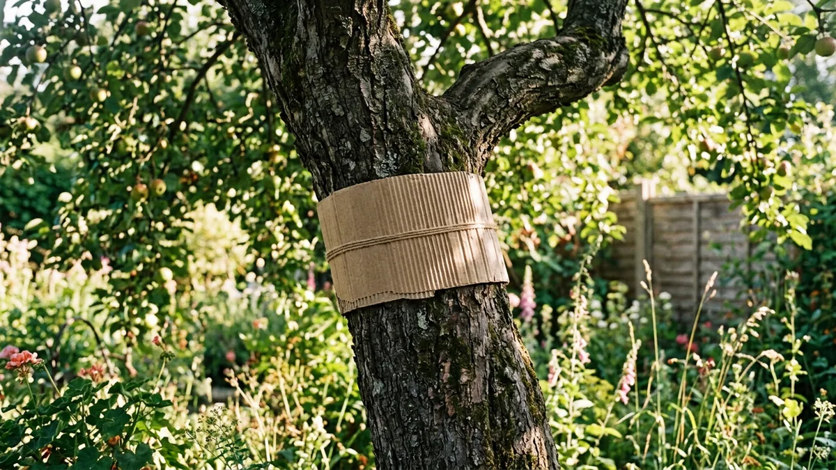 Gürtel aus Wellpappe am Stamm eines Apfelbaums zur Bekämpfung von Schädlingen.