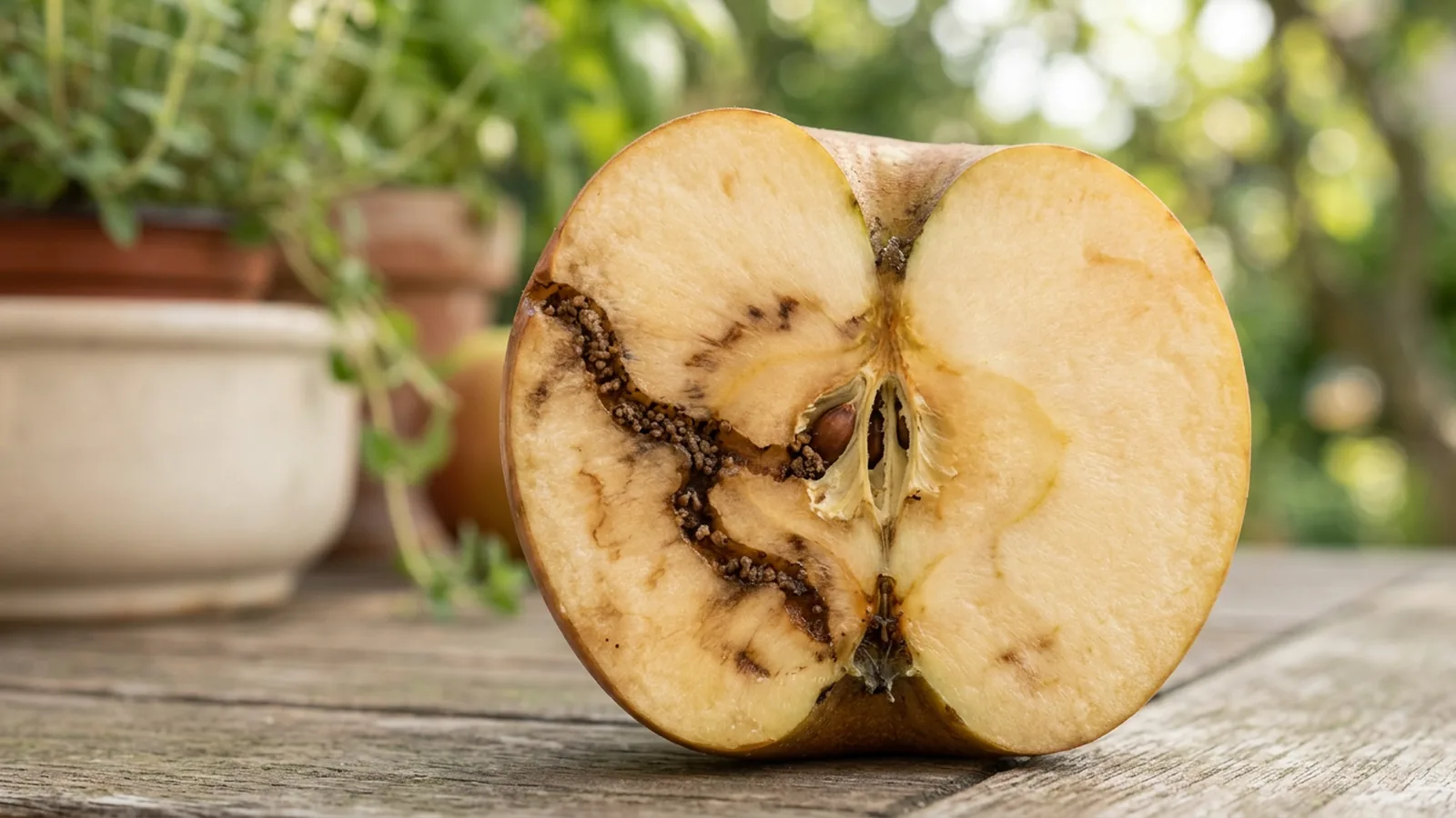 Aufgeschnittener Apfel mit Fraßgang und Kot bis zum Kerngehäuse