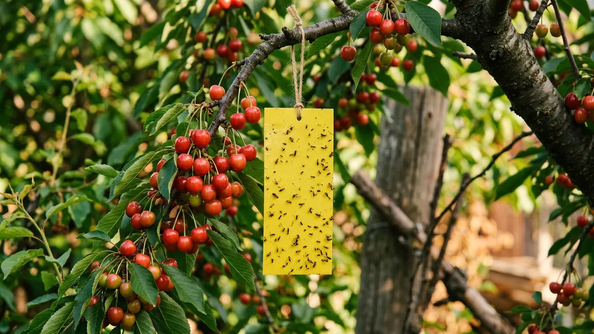 Gelbtafel hängt in einem Kirschbaum zwischen reifenden Früchten.