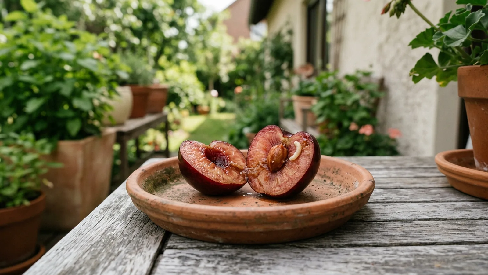 Aufgeschnittene Kirsche mit kleiner weißer Made im Fruchtfleisch