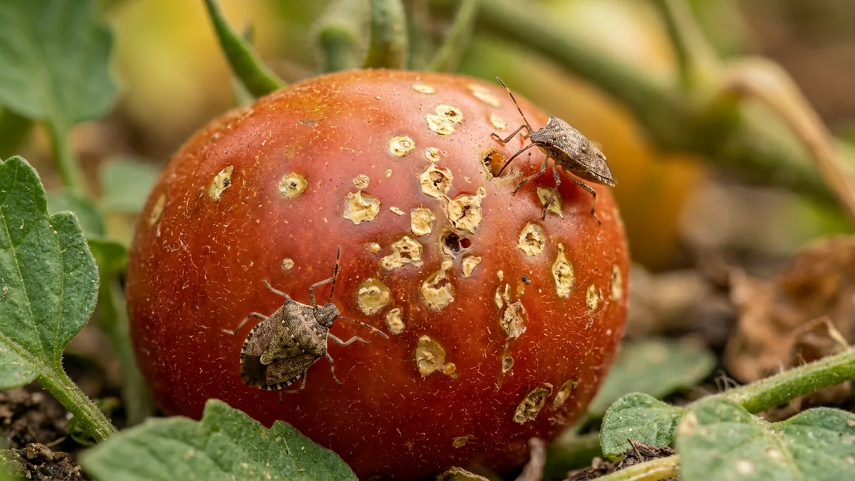 Nahaufnahme einer Tomate mit kleinen, verkorkten hellen Einstichstellen.