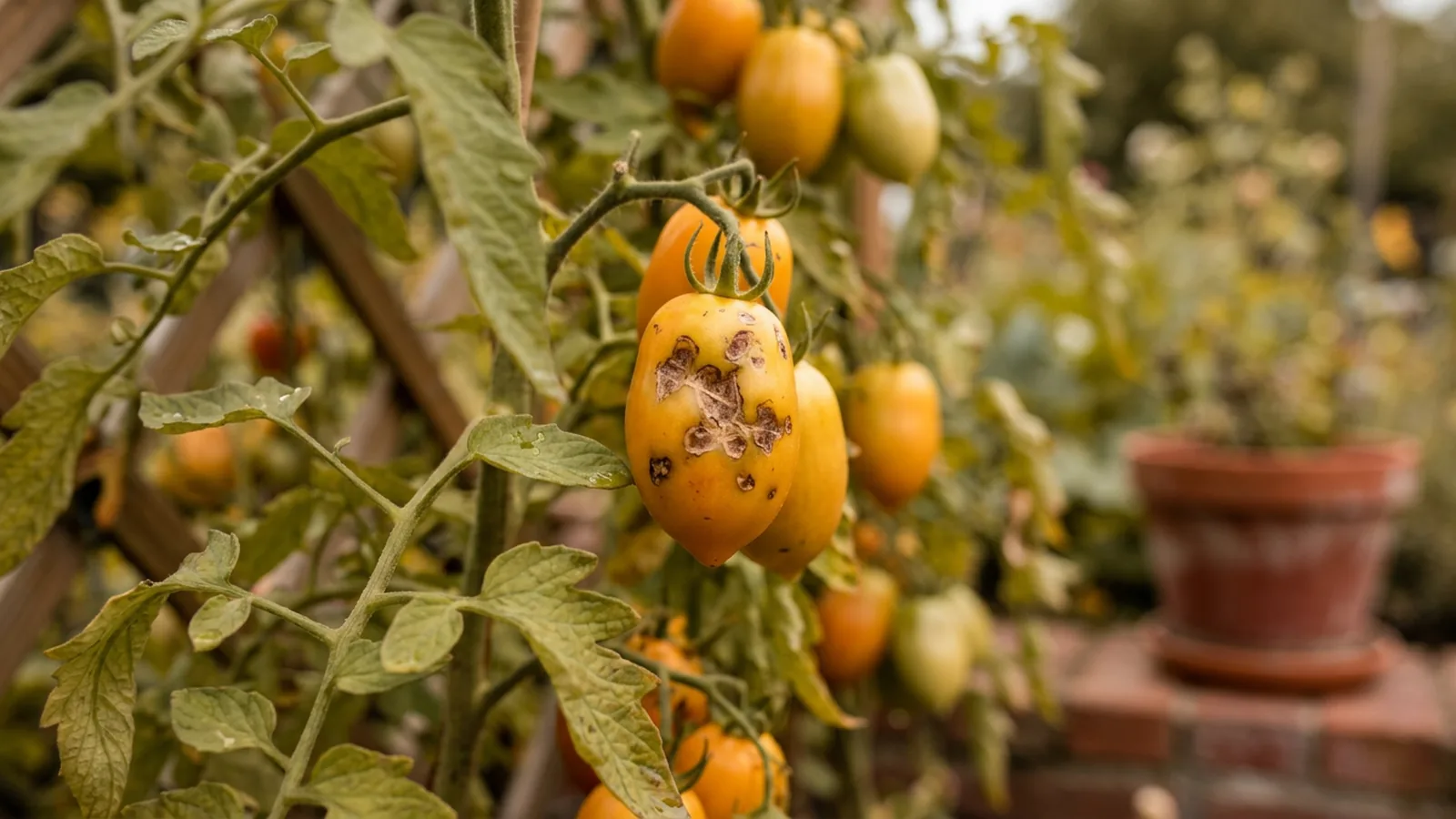 Tomatenfrucht mit verkorkten, eingesunkenen Stellen durch Wanzen-Saugschaden