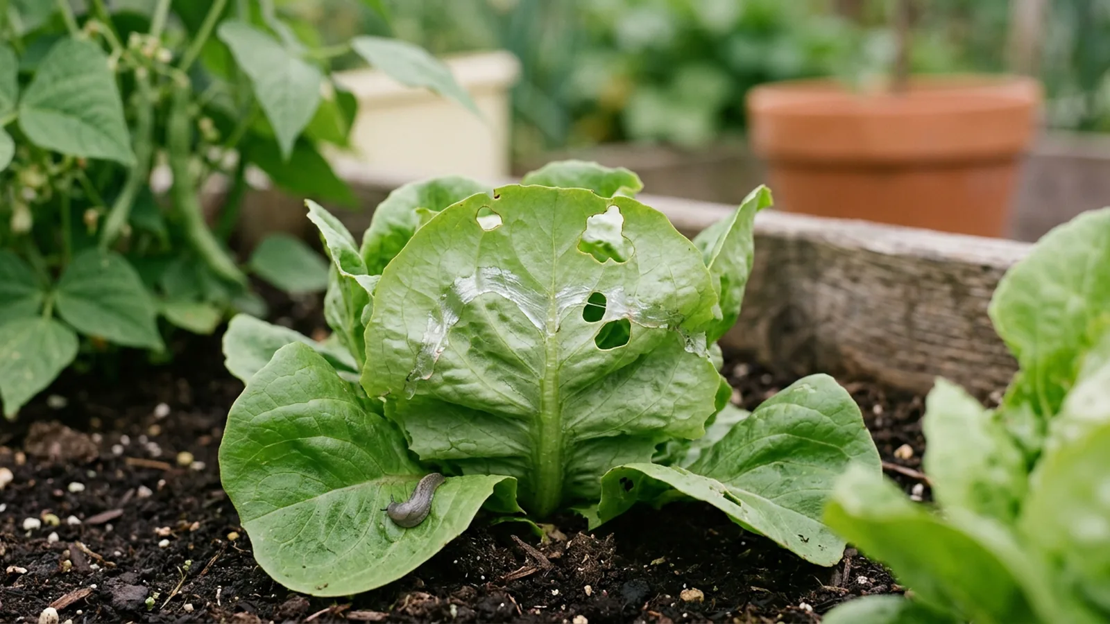Salatblatt mit Fraßlöchern und getrockneter, silbrig glänzender Schleimspur