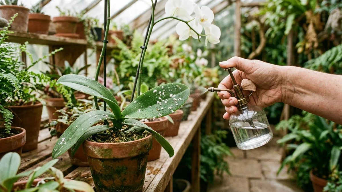 Eine Hand besprüht eine betroffene Zimmerpflanze vorsichtig mit einer Sprühflasche.