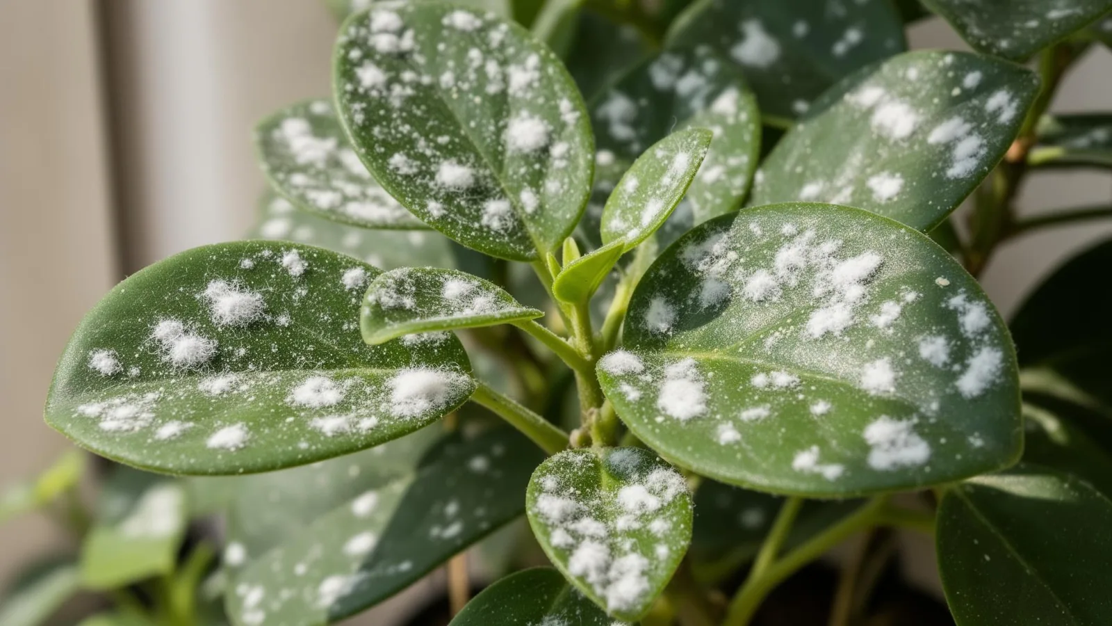 Weiße watteartige Beläge auf einer Zimmerpflanze