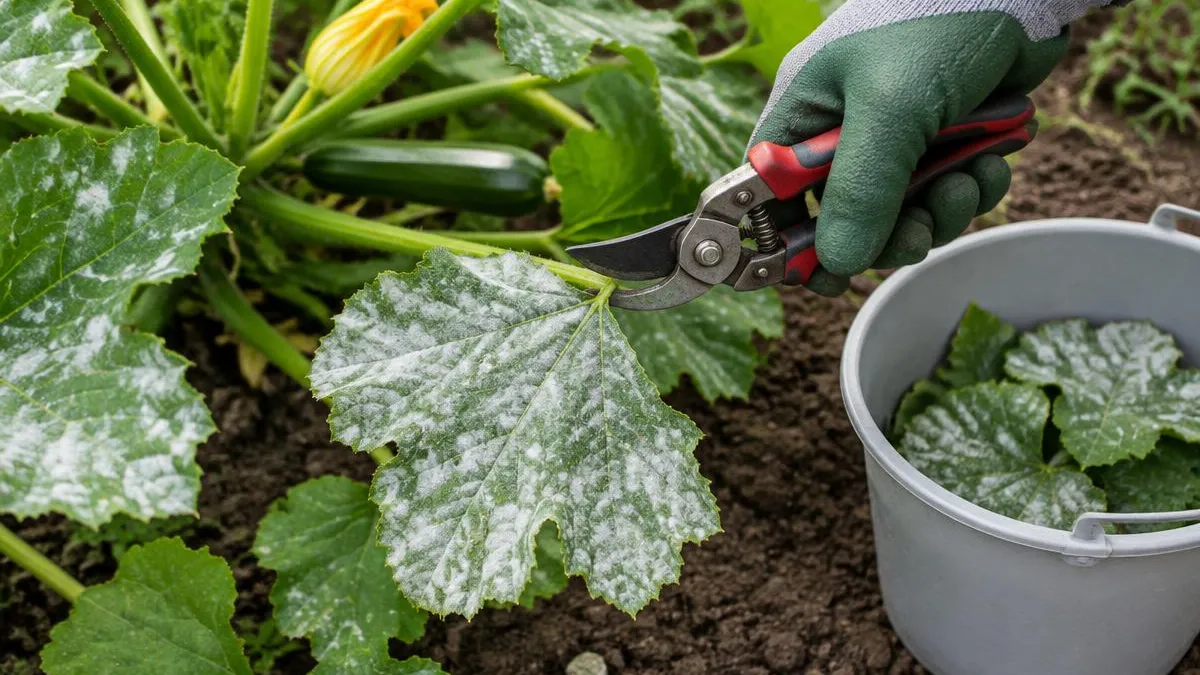 Hand mit Handschuh schneidet mit einer Gartenschere ein mehltaubedecktes Zucchiniblatt ab, daneben ein kleiner Eimer mit entfernten Blättern