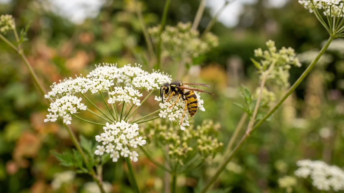Eine Wespe besucht eine Doldenblüte im Garten zur Nektaraufnahme.