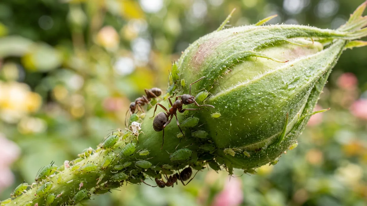 Rote Gartenameise pflegt Blattläuse an einem grünen Pflanzentrieb.