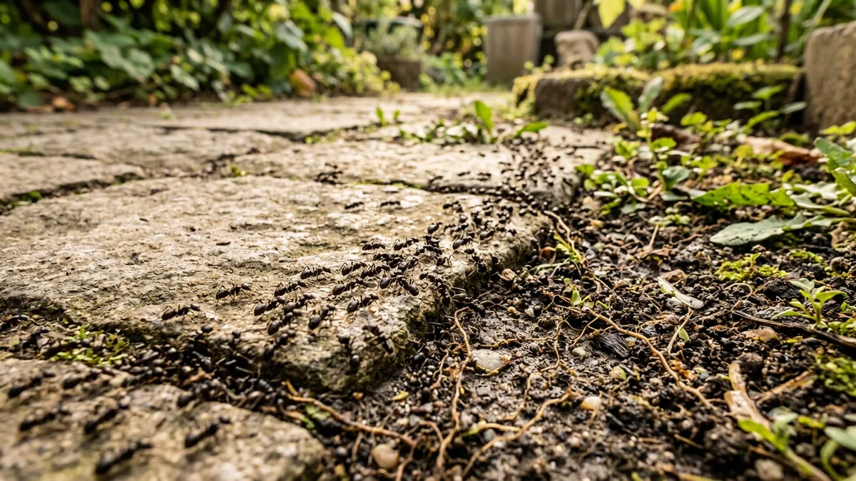 Ameisenstraße zwischen Gehwegplatten im Gartenbeet.