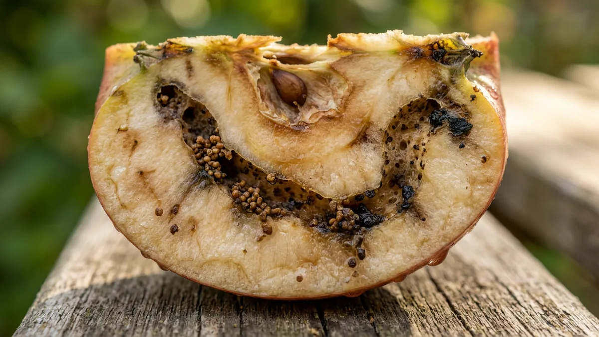 Nahaufnahme eines halbierten Apfels mit Fraßgang und braunem Kot der Obstmade im Kerngehaeuse