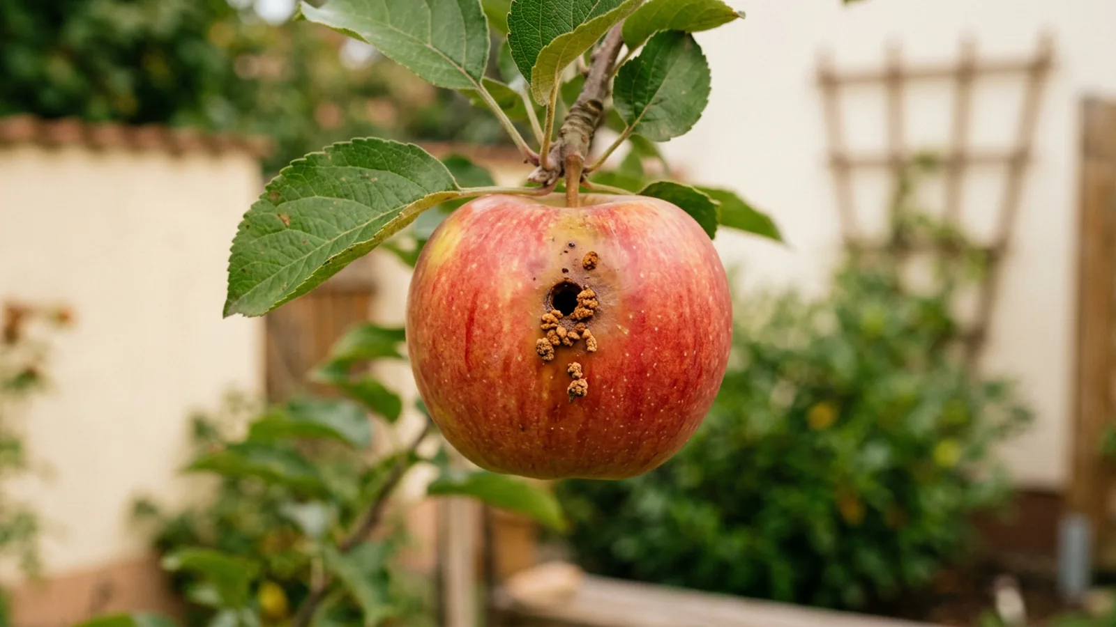 Apfel mit Bohrloch und herausquellenden Kotkrümeln durch die Apfelwickler-Larve