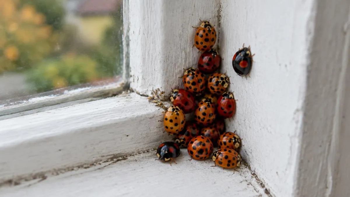 Ansammlung Asiatischer Marienkäfer in orangen, roten und schwarzen Farbformen in der Ecke eines weißen Holzfensterrahmens im Herbstlicht