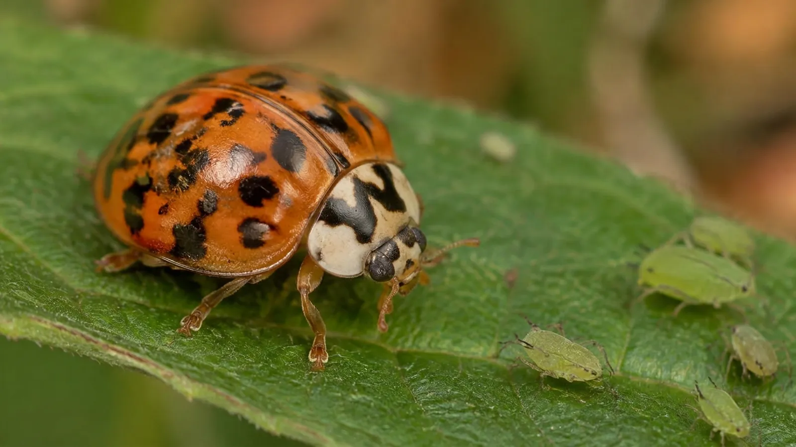 Asiatischer Marienkäfer mit orangen Deckflügeln, vielen schwarzen Punkten und weißem Halsschild mit schwarzer M-förmiger Zeichnung auf einem grünen Blatt neben einigen Blattläusen