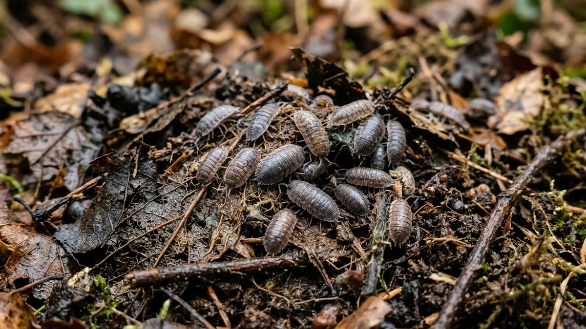 Asseln krabbeln in einer Schicht aus Gartenkompost und Laub.