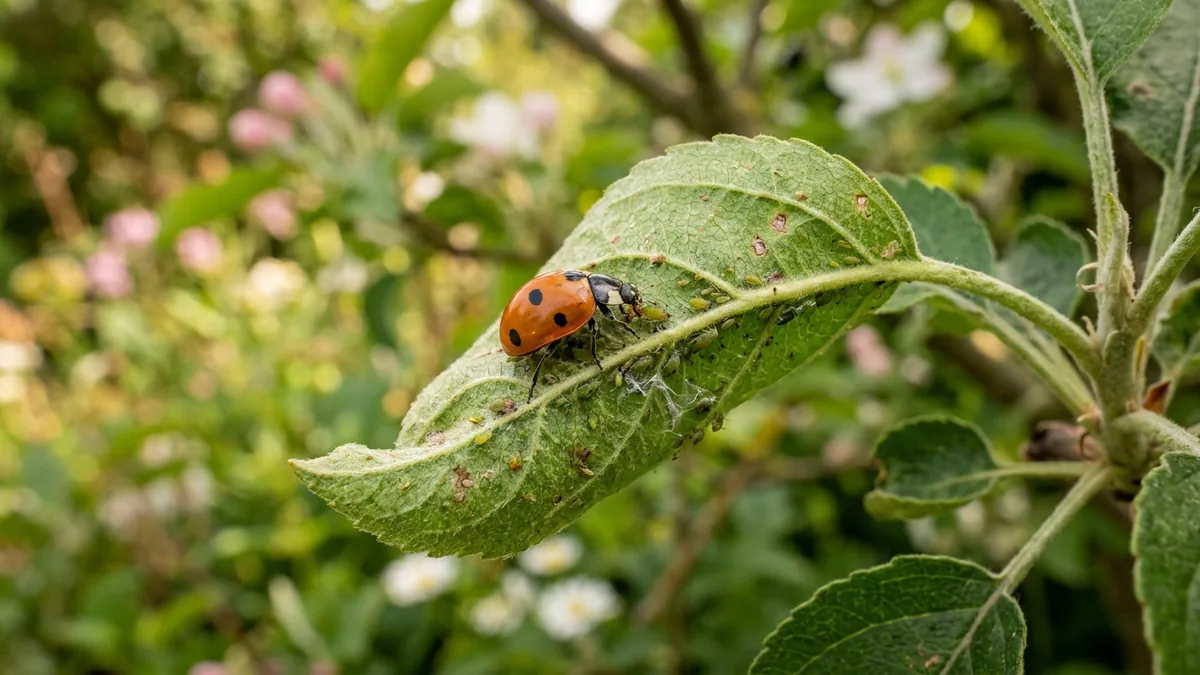 Ein Marienkäfer frisst Blattläuse auf einem grünen Apfelblatt im Sonnenlicht.