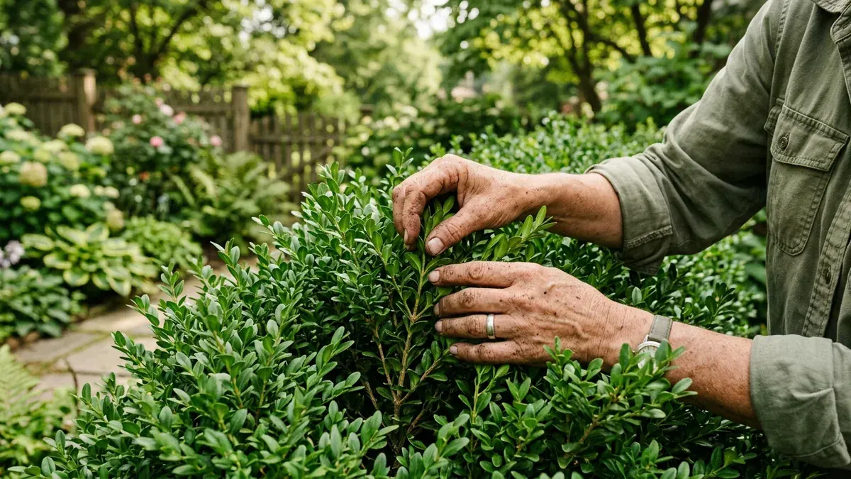 Person kontrolliert einen Buchsbaum im Garten auf Befall.