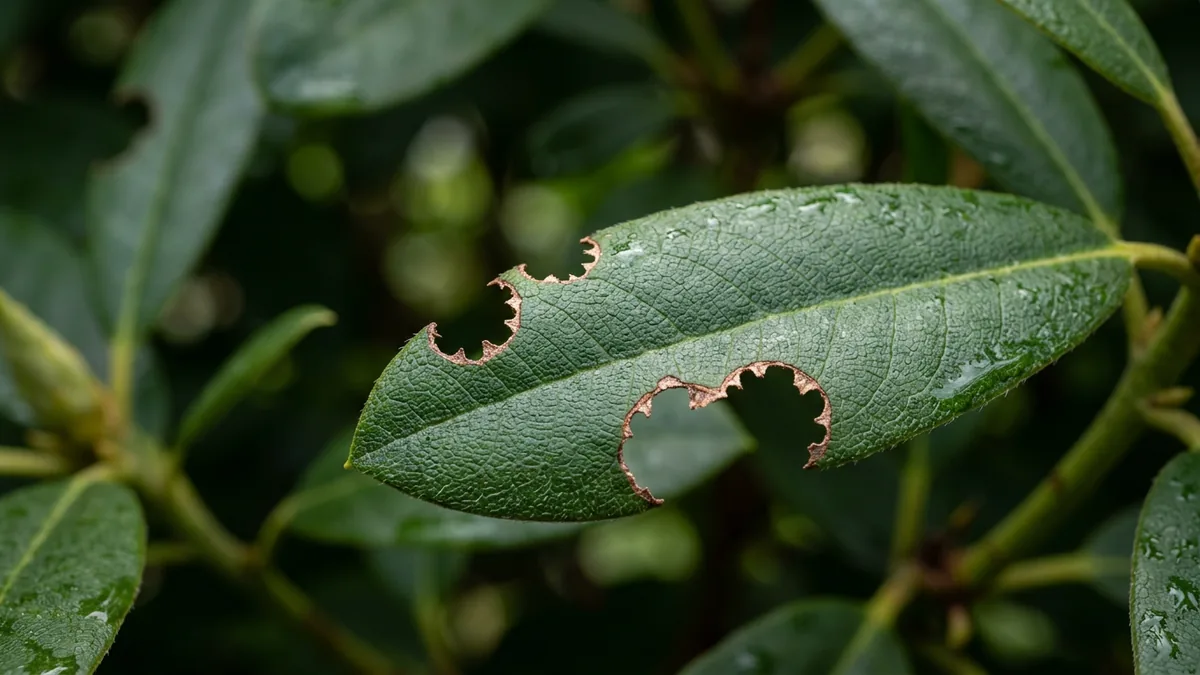 Nahaufnahme eines Rhododendronblattes mit halbkreisfoermigen Frassspuren am Rand.
