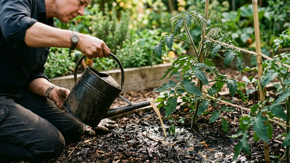 Gartenbesitzer giesst eine waessrige Loesung mit Nematoden auf die Erde im Wurzelbereich.