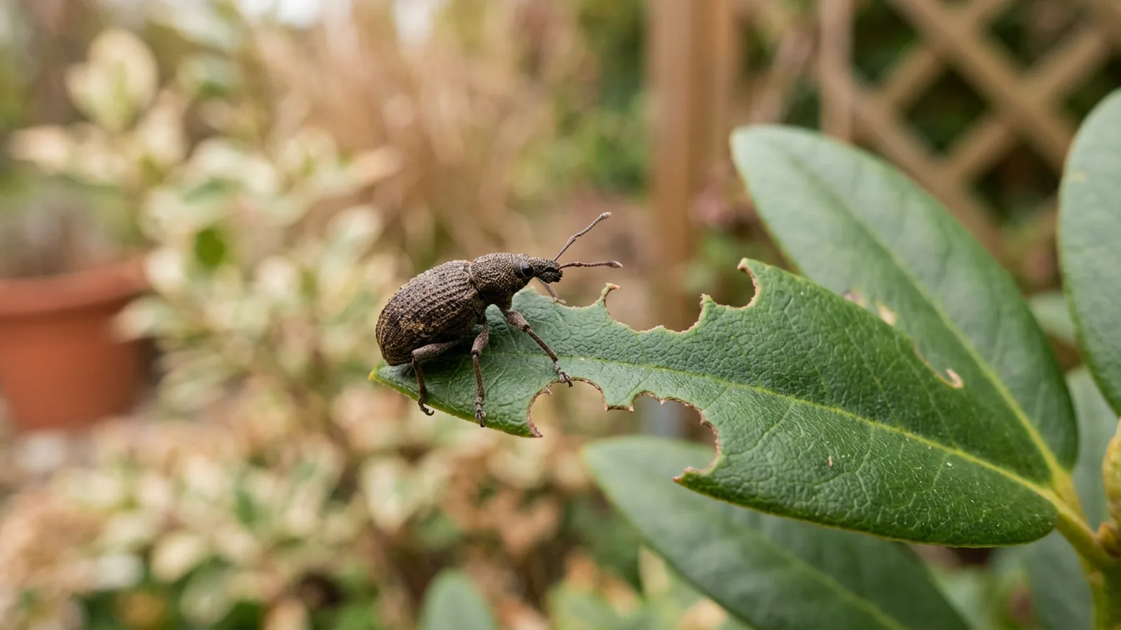 Dickmaulrüssler mit Buchtenfraß an einem Blattrand