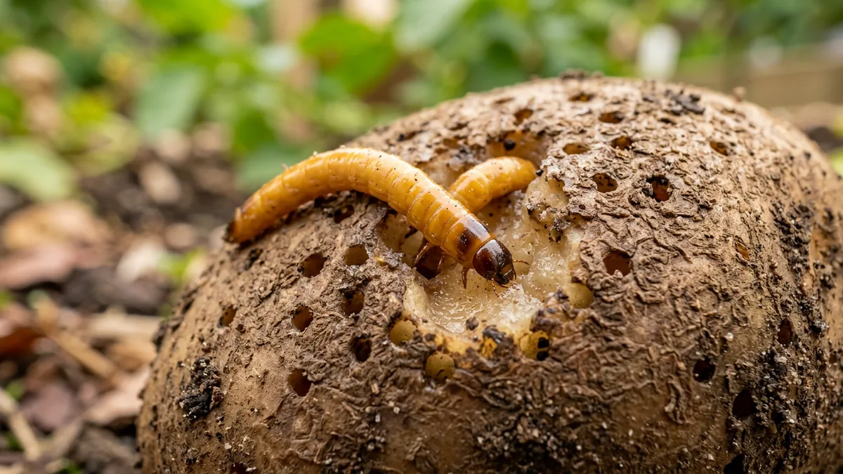 Gelbliche Drahtwürmer bohren sich in eine braune Kartoffelknolle.