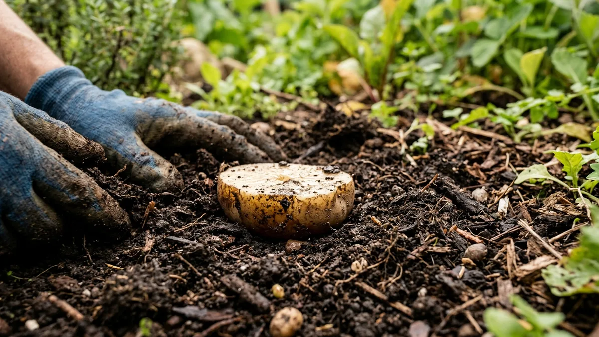 Halbiertes Kartoffelstueck als Koederfalle in dunkler Gartenerde vergraben.