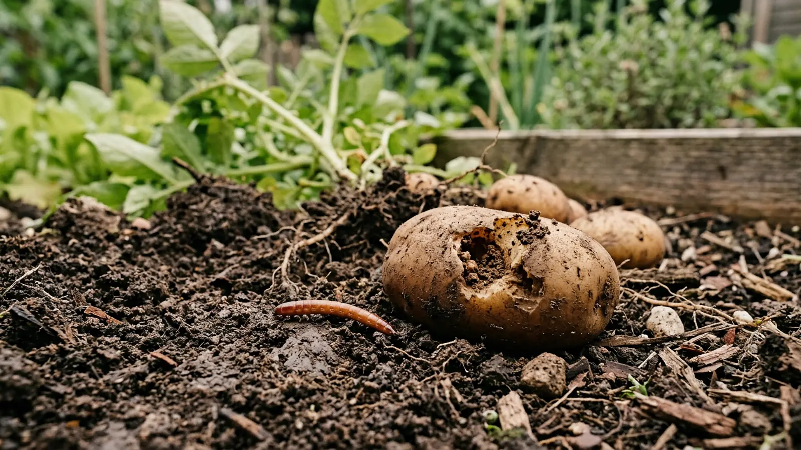Gelbbrauner, drahtartiger Drahtwurm neben einer angefressenen Kartoffelknolle