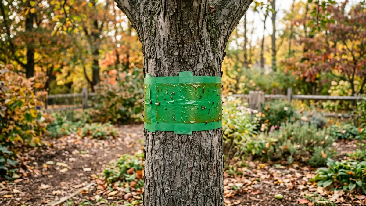 Ein gruener Leimring ist um den braunen Stamm eines Obstbaums angebracht.