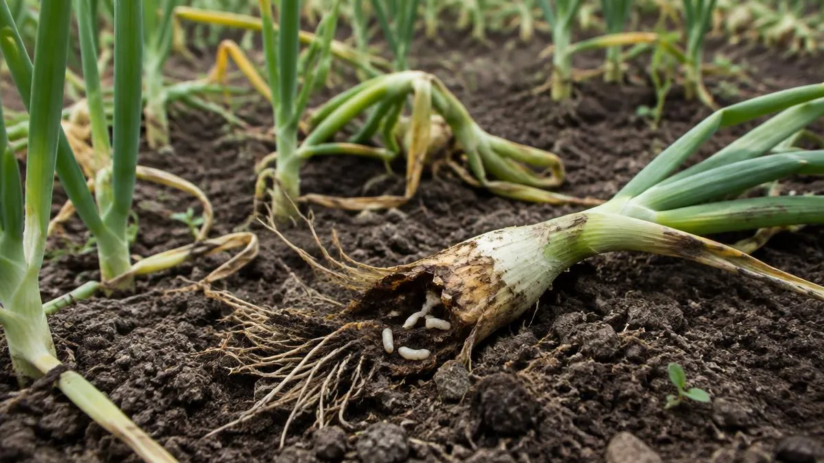 Welke, umgefallene junge Zwiebelpflanzen im Beet, davor eine herausgezogene Pflanze mit faulender Basis und kleinen weißen Maden
