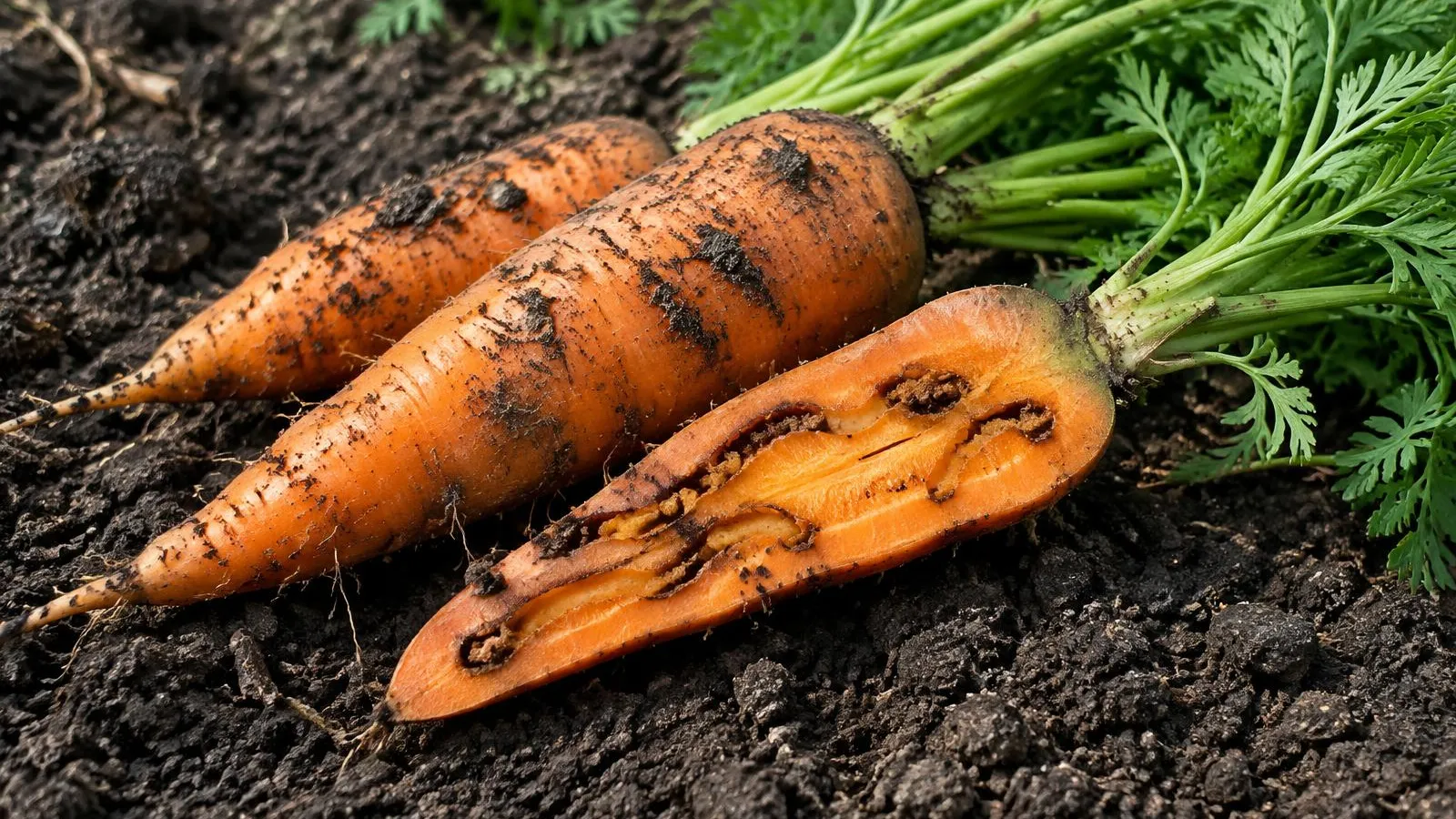 Frisch gezogene Möhren mit Laub auf dunkler Erde, eine davon mit rostbraunen Fraßgängen im Rübenkörper