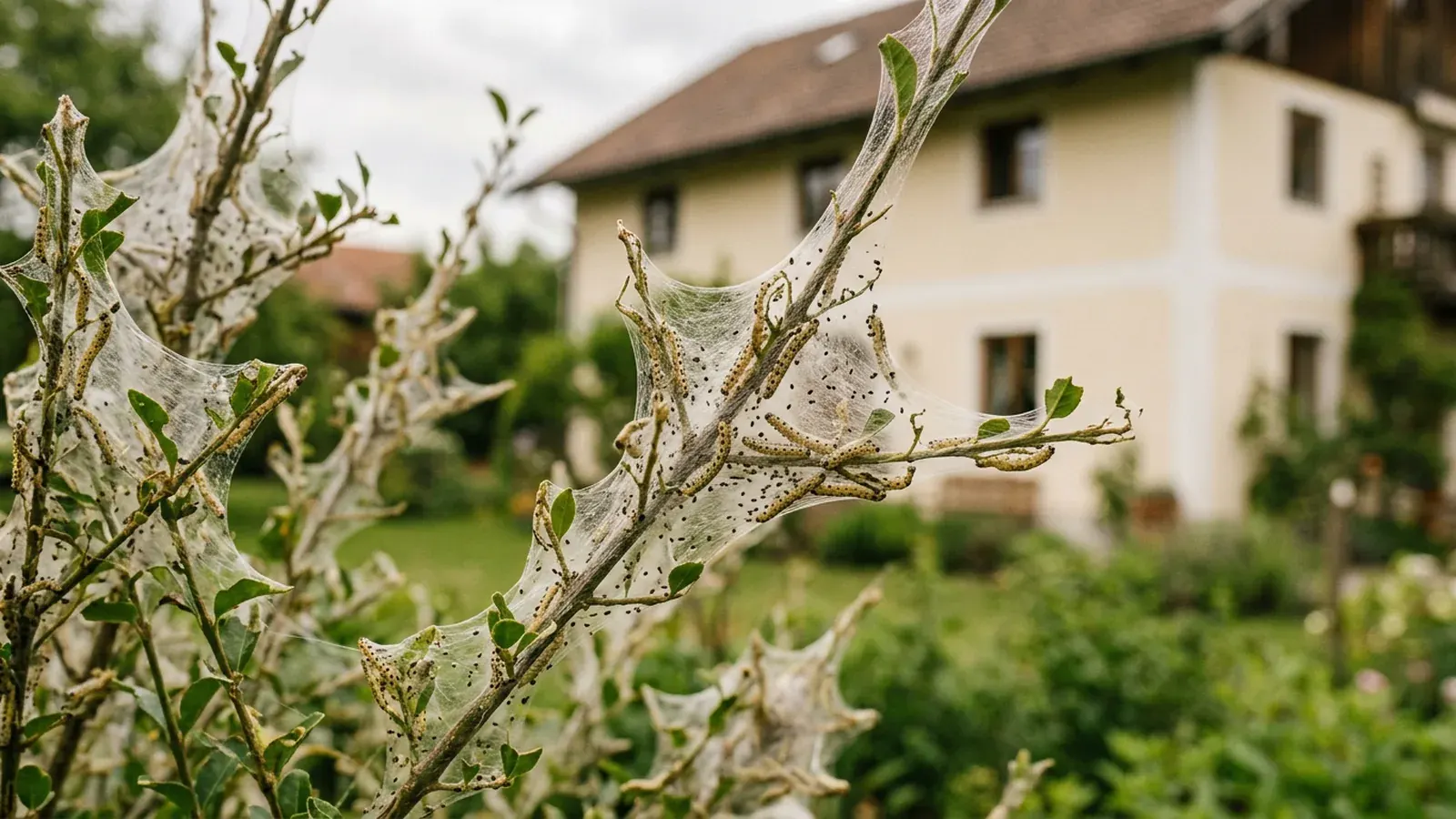Mit weißem Gespinst überzogener Strauch mit Raupen der Gespinstmotte