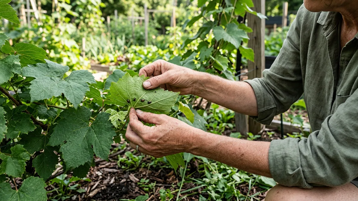 Gärtner inspiziert eine Weinrebe auf Befall durch invasive Käferarten.