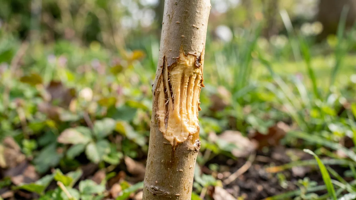 Abgenagte Rinde an einem jungen Baumstamm durch Wildkaninchen.