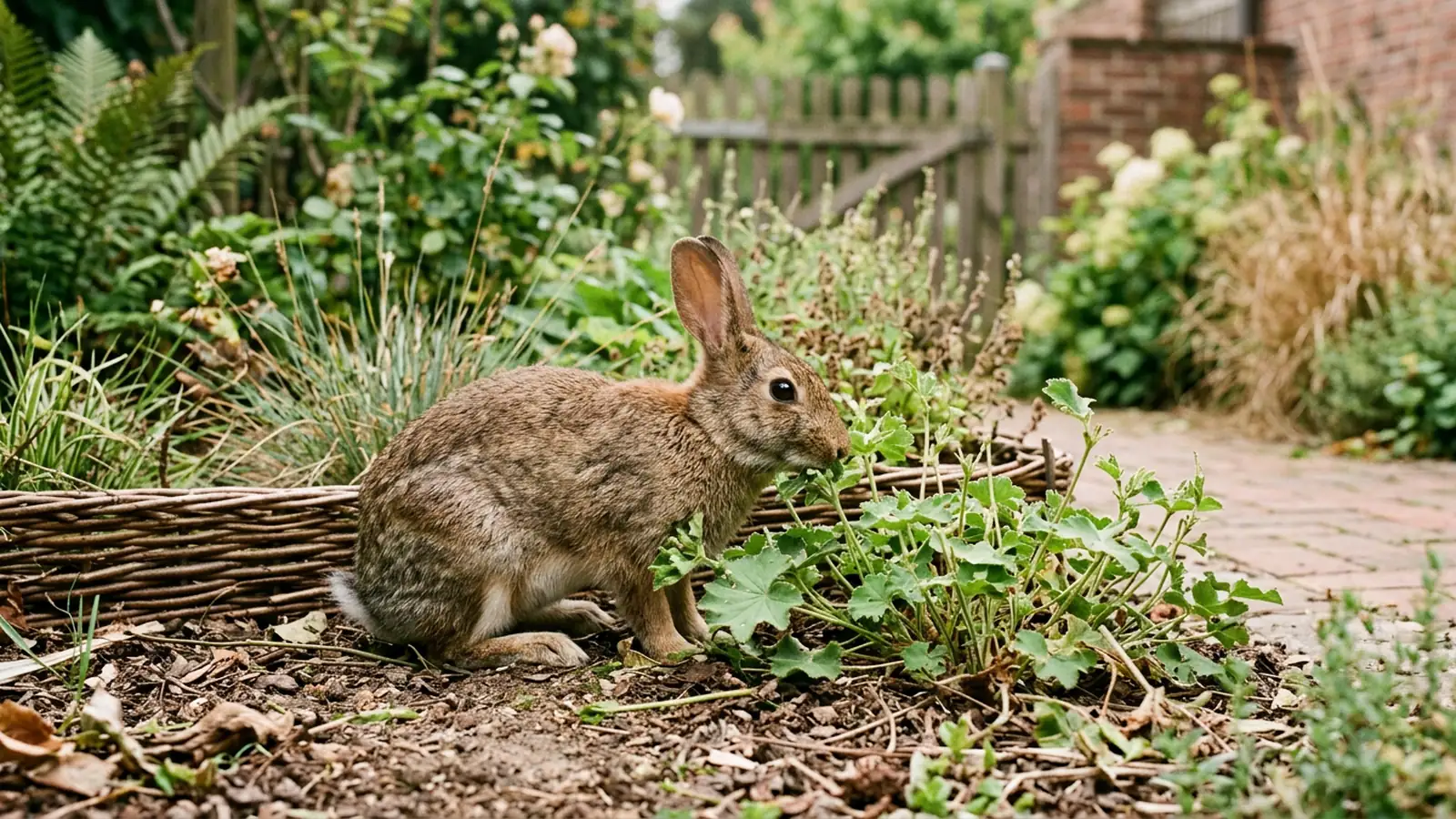 Wildkaninchen frisst an einer Beeteinfassung im Garten