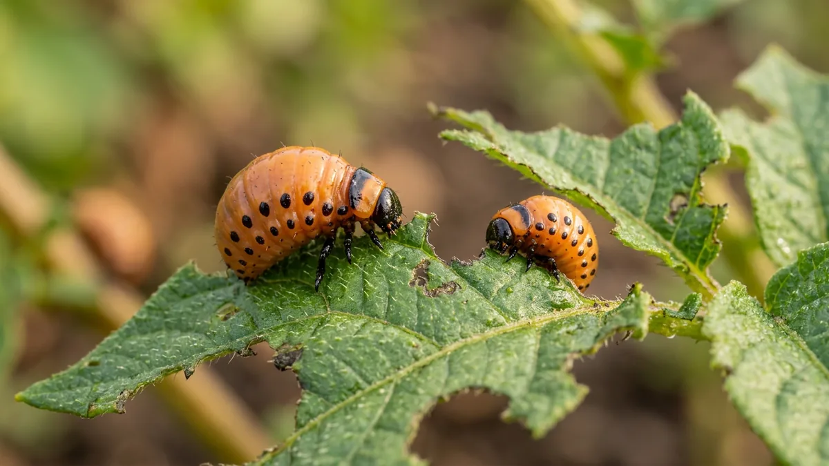 Orangefarbene Larven des Kartoffelkäfers fressen an einem grünen Kartoffelblatt.
