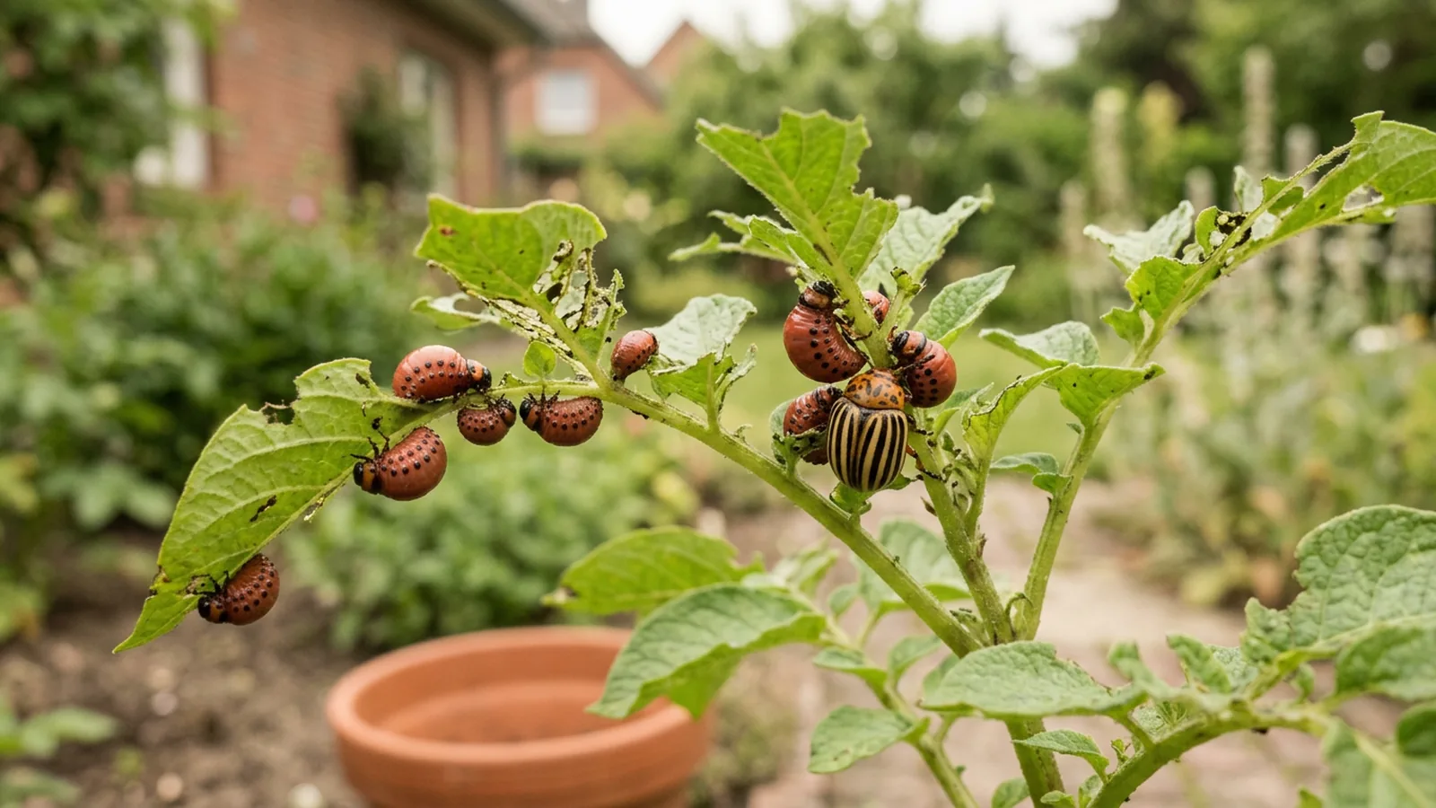 Gelb-schwarz gestreifter Kartoffelkäfer mit roten Larven an einer Kartoffelpflanze