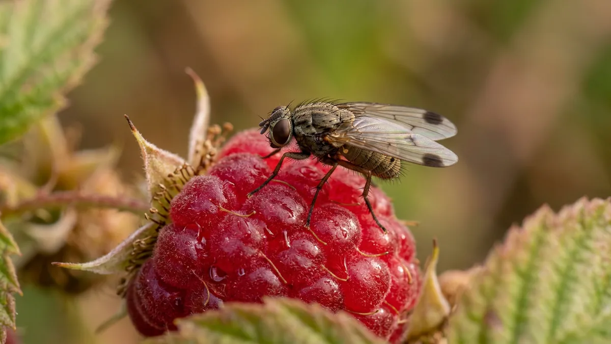 Nahaufnahme einer Kirschessigfliege auf einer reifen Himbeere