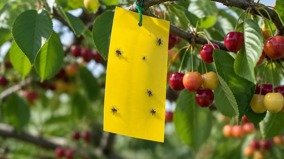 Gelbe Leimtafel ohne Aufdruck in einem Kirschbaum mit reifenden Kirschen, einige kleine Fliegen kleben daran