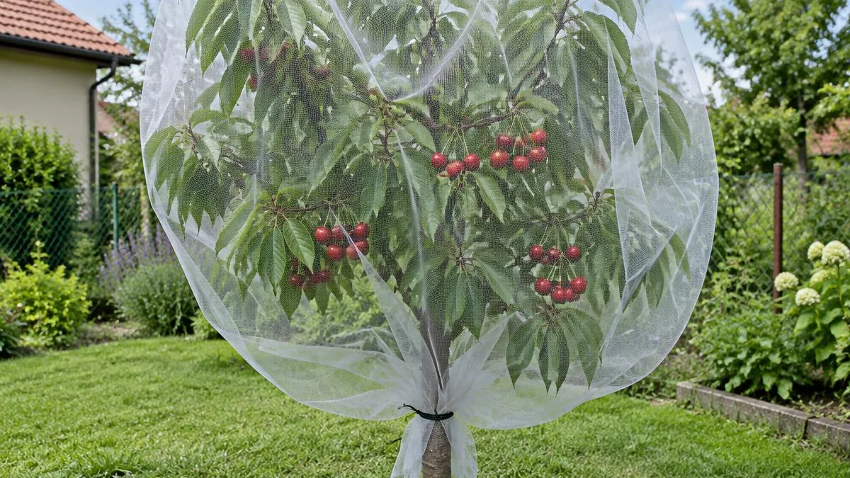 Kleiner junger Kirschbaum vollständig mit feinem weißem Insektenschutznetz eingehüllt und am Stamm zugebunden, Kirschen durch das Netz sichtbar