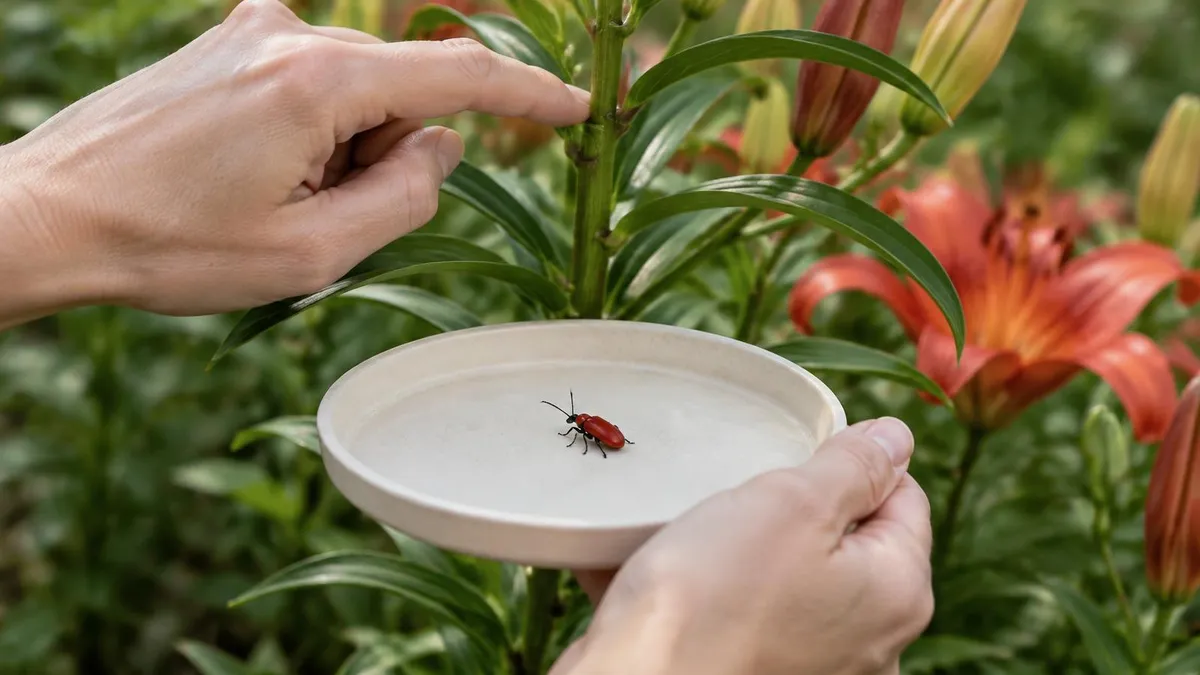 Hand hält eine helle Schale unter einen Lilienstängel, darin liegt ein rotes Lilienhähnchen