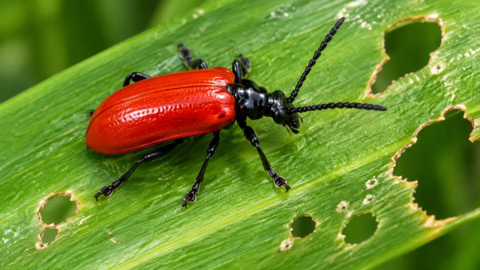 Leuchtend rotes Lilienhähnchen mit schwarzem Kopf, schwarzen Beinen und Fühlern auf einem Lilienblatt mit Fraßlöchern