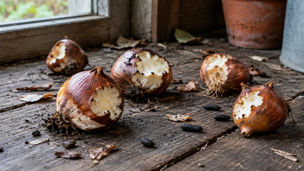 Angenagte Tulpenzwiebeln und kleine dunkle Kotkrümel auf Holzdielen