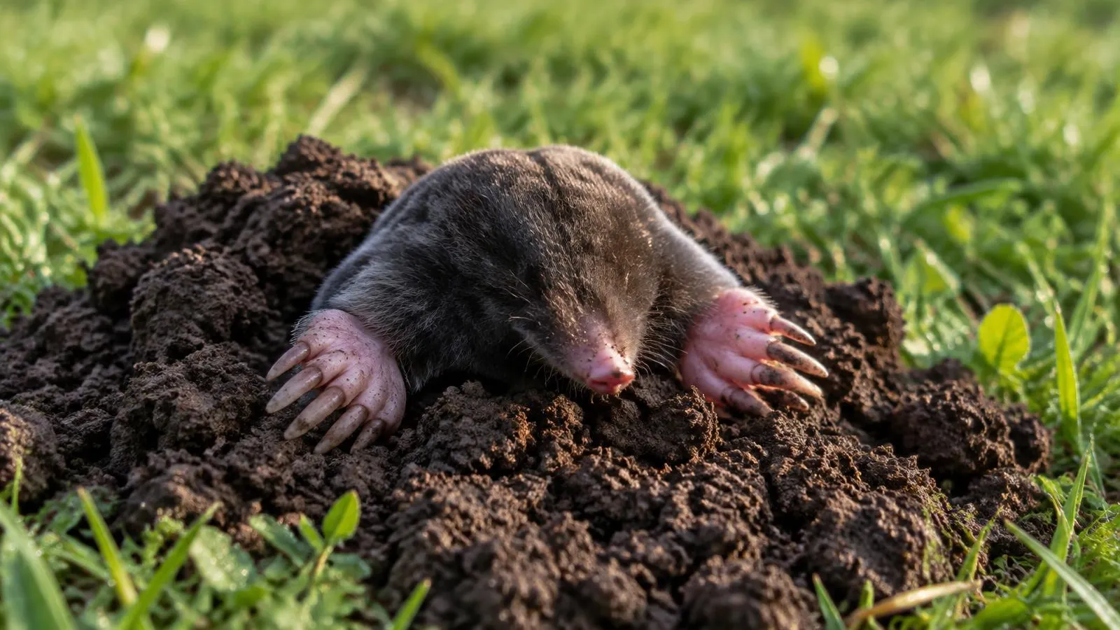 Europäischer Maulwurf schaut halb aus einem frischen Maulwurfshügel im Rasen, mit großen rosa Grabhänden und rosa Rüssel