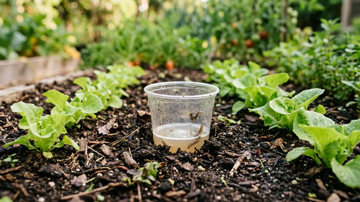 Eingegrabener Plastikbecher als Bodenfalle in einem Gemüsebeet.
