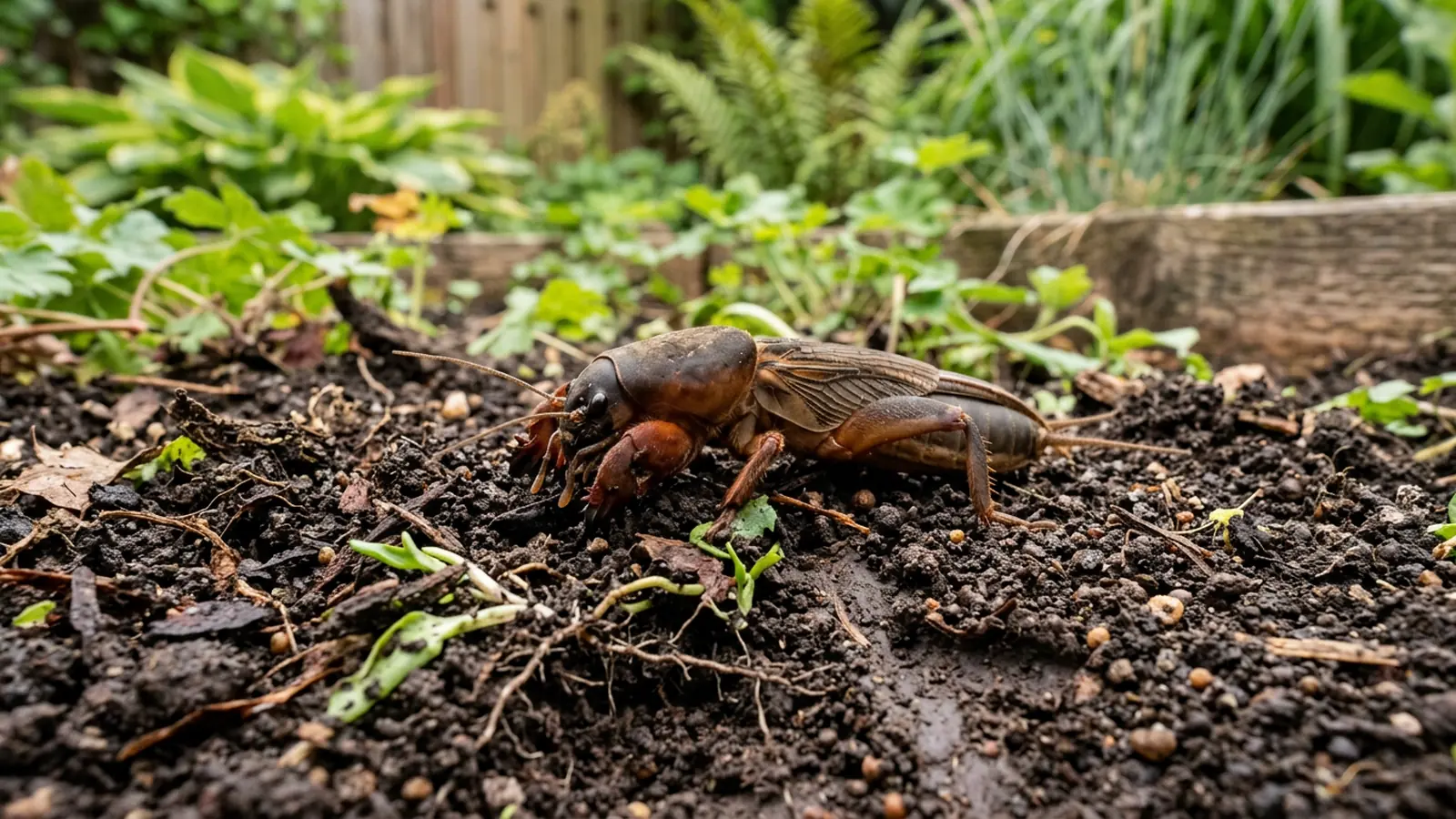 Maulwurfsgrille mit kräftigen, schaufelartigen Grabbeinen auf Gartenerde