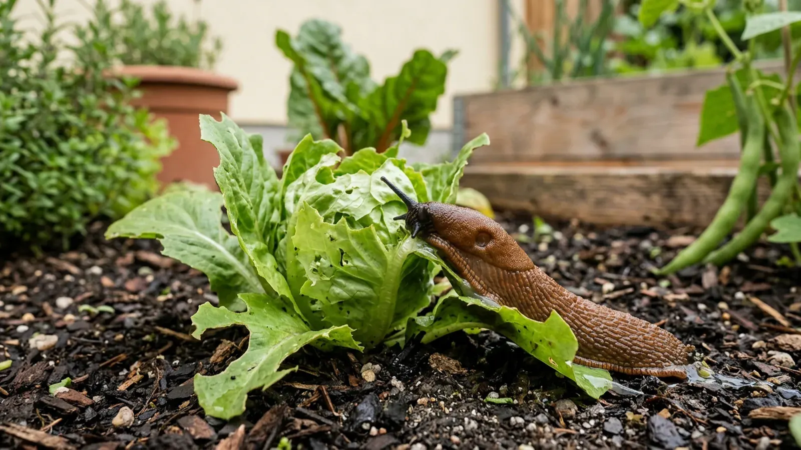 Braune Nacktschnecke frisst an einer Salatpflanze im Gemüsebeet